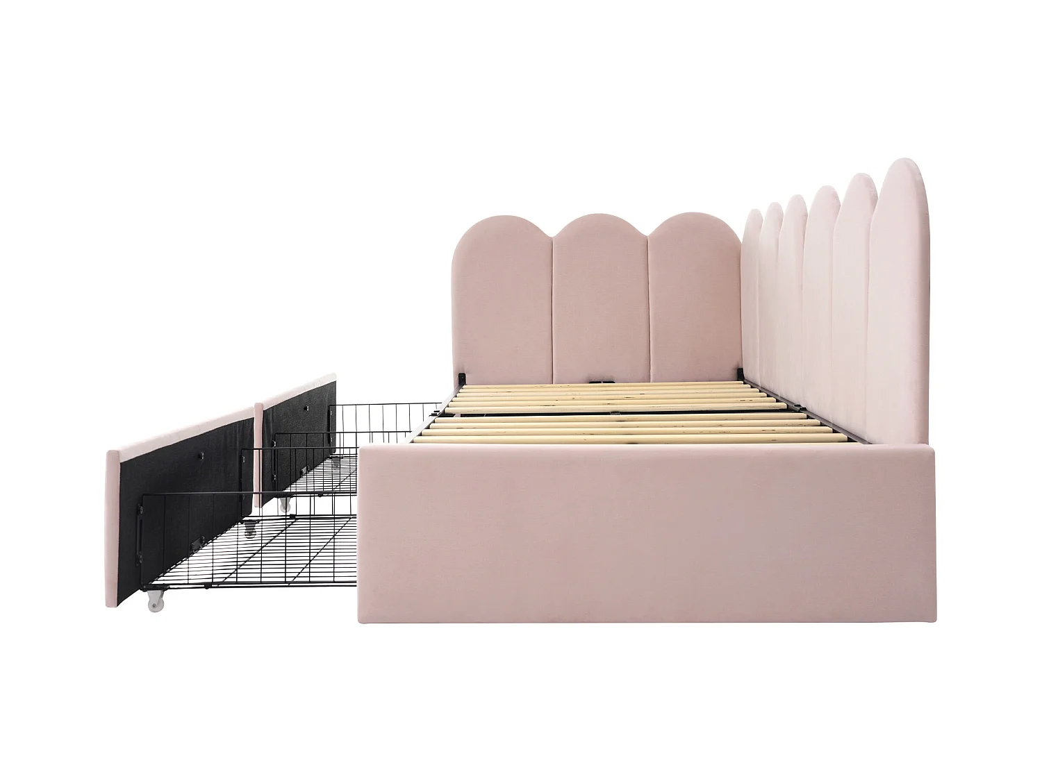 Canapé-lit 90x200 cm avec sommier - lit jeune avec 2 tiroirs de rangement - velours rose (sans matelas)