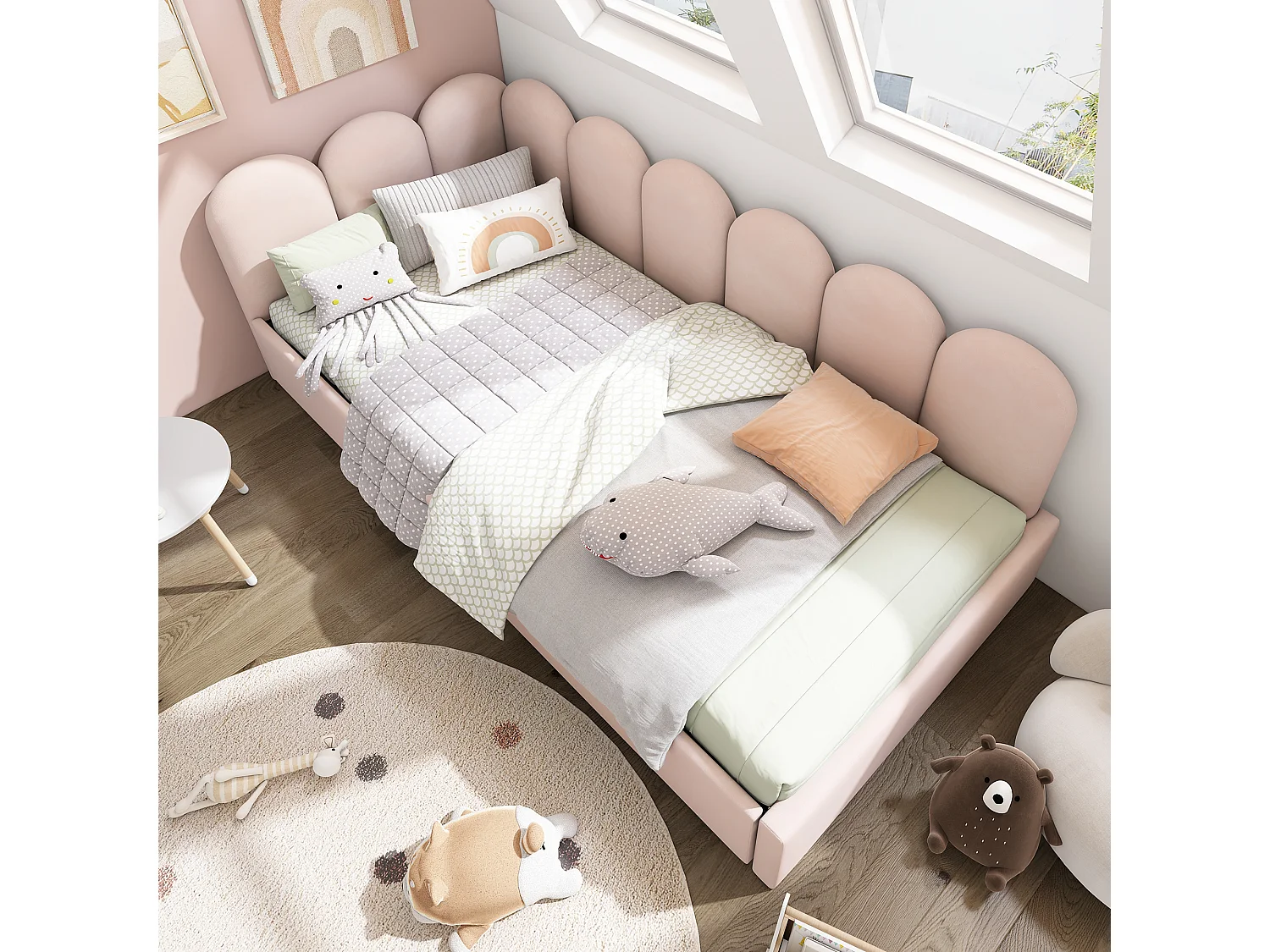 Lit 90x200 avec 2 tiroirs de rangement, côtés interchangeables, sommier inclus en velours Rose (Sans matelas)