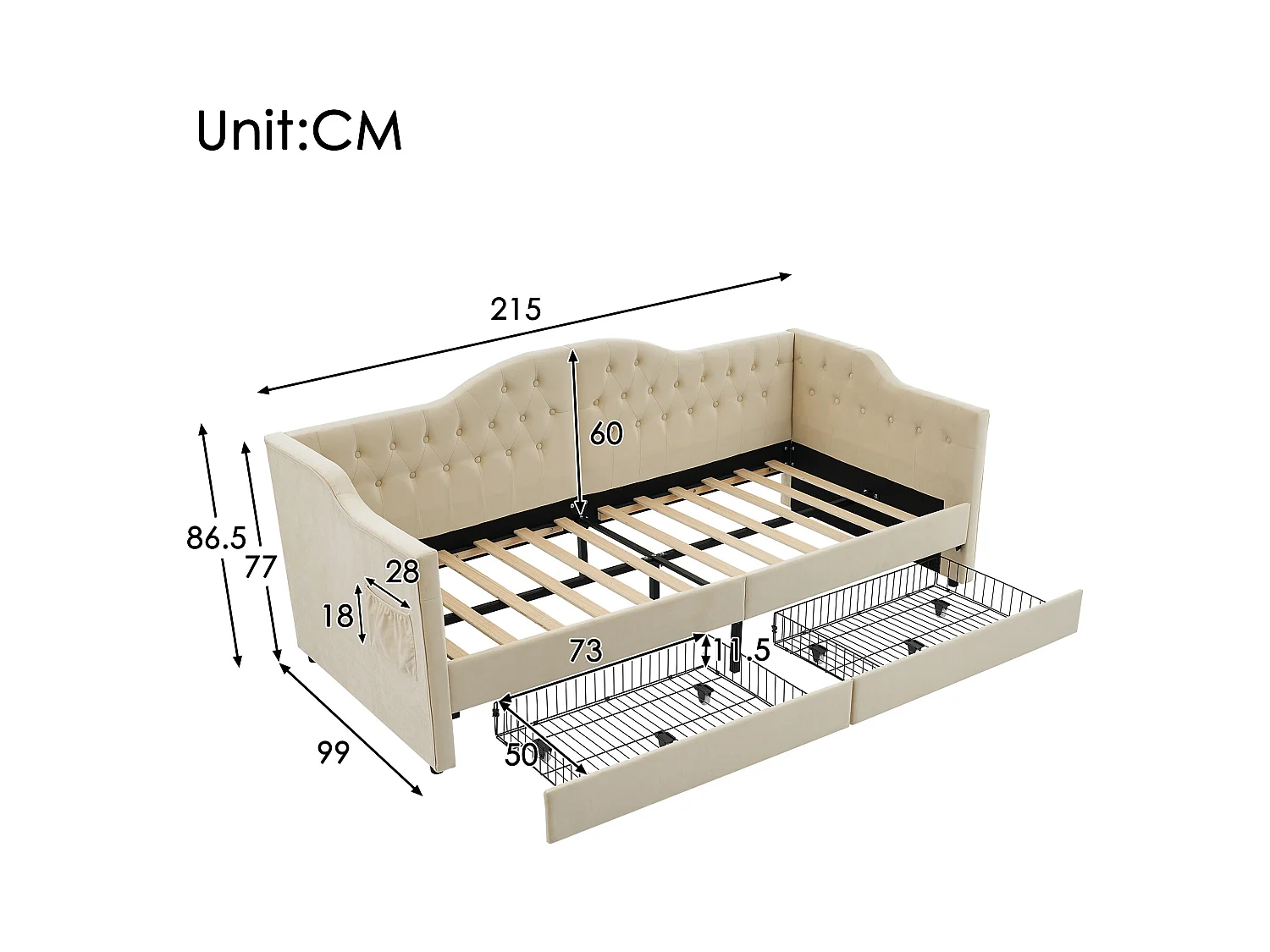 Canapé-lit 90x200 cm avec sommier - lit jeune avec USB et 2 tiroirs de rangement - velours beige (sans matelas)