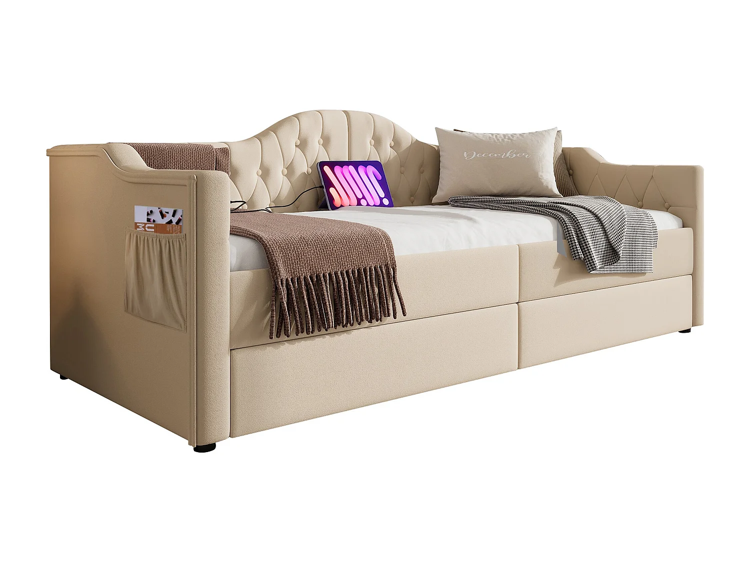 Lit de jour 90x200 avec USB et Type C, avec 2 tiroirs, en velours, beige (Sans matelas)