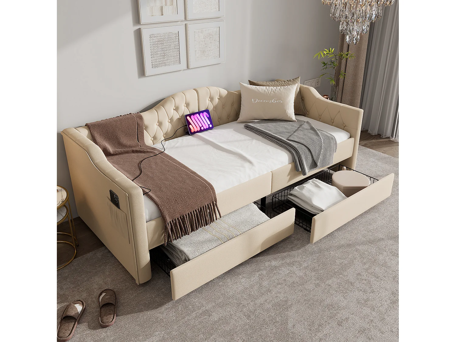 Lit de jour 90x200 avec USB et Type C, avec 2 tiroirs, en velours, beige (Sans matelas)