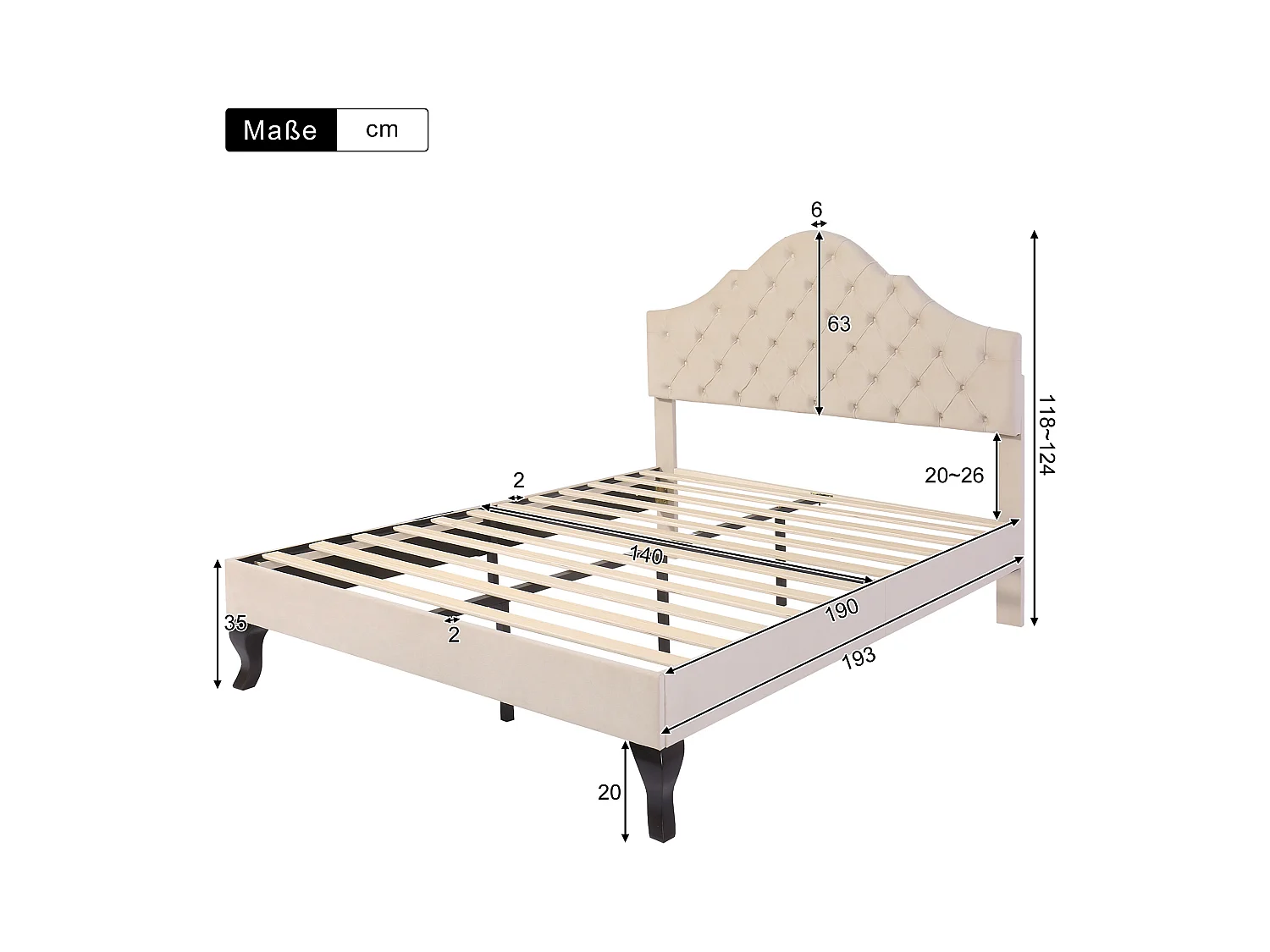 Lit adulte 140x190 avec sommier - tête de lit réglable en hauteur - cadre de lit en bois - velours beige (sans matelas)