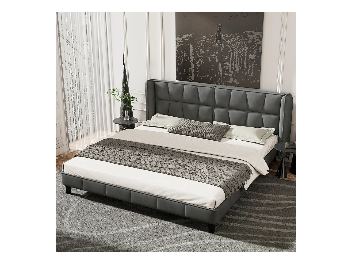 Lit adulte double 180x200 cm avec sommier - tête de lit rembourré - bois - velours gris (sans matelas)