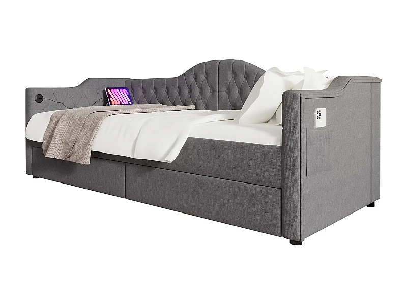 Kinderslaapbank 90x200 cm met onderstel - jeugdbed met USB en 2 opberglades - grijs linnen (zonder matras)