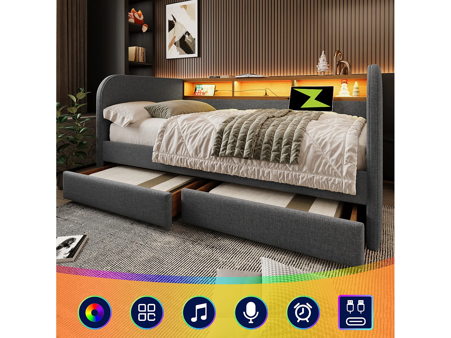 Lit banquette adulte 140x190 cm avec sommier - tête de lit capitonnée avec USB et LED 2 tiroirs - lin gris (sans matelas )