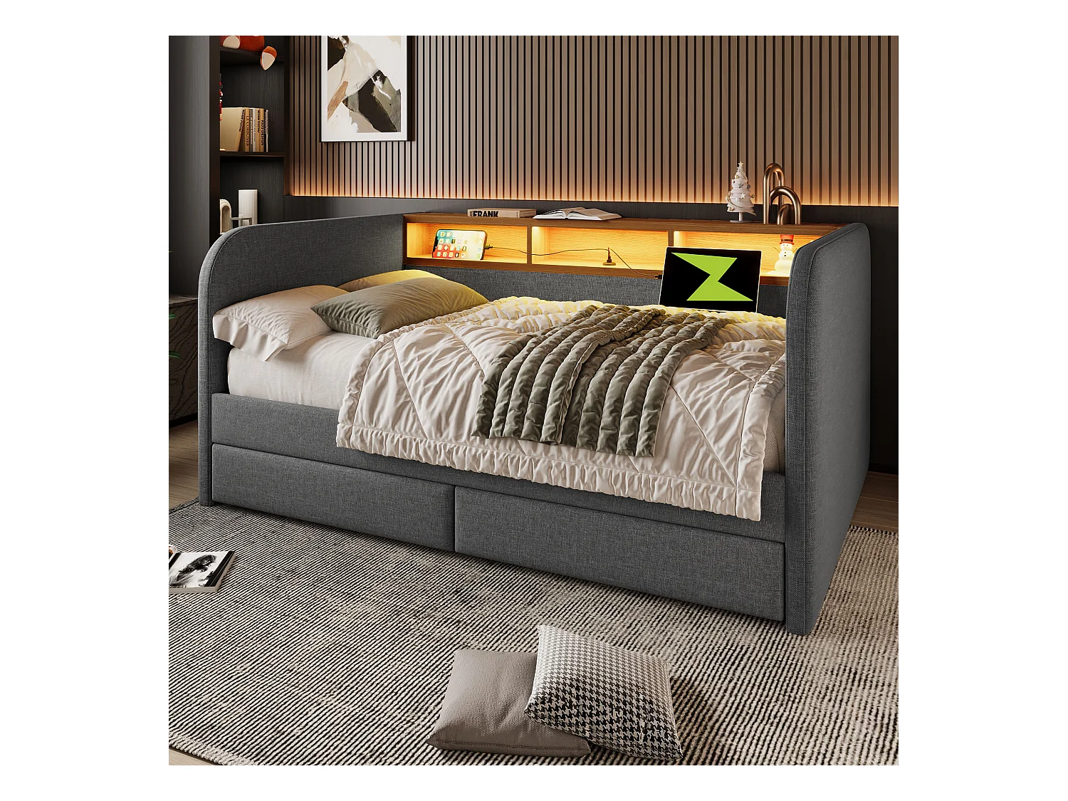 Lit banquette adulte 140x190 cm avec sommier - tête de lit capitonnée avec USB et LED 2 tiroirs - lin gris (sans matelas )