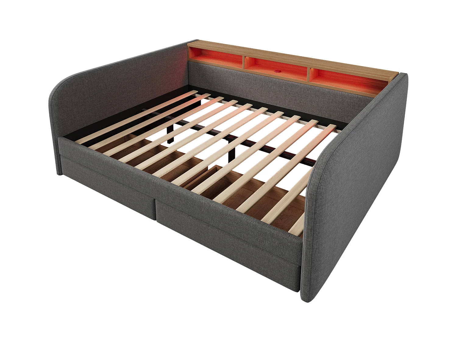 Lit banquette adulte 140x190 cm avec sommier - tête de lit capitonnée avec USB et LED 2 tiroirs - lin gris (sans matelas )