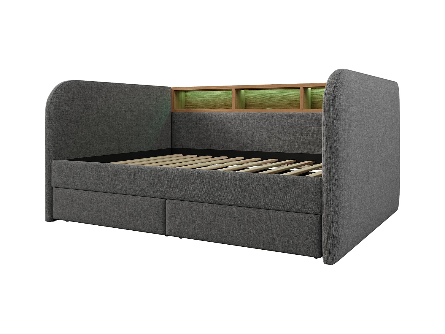 Lit banquette adulte 140x190 cm avec sommier - tête de lit capitonnée avec USB et LED 2 tiroirs - lin gris (sans matelas )