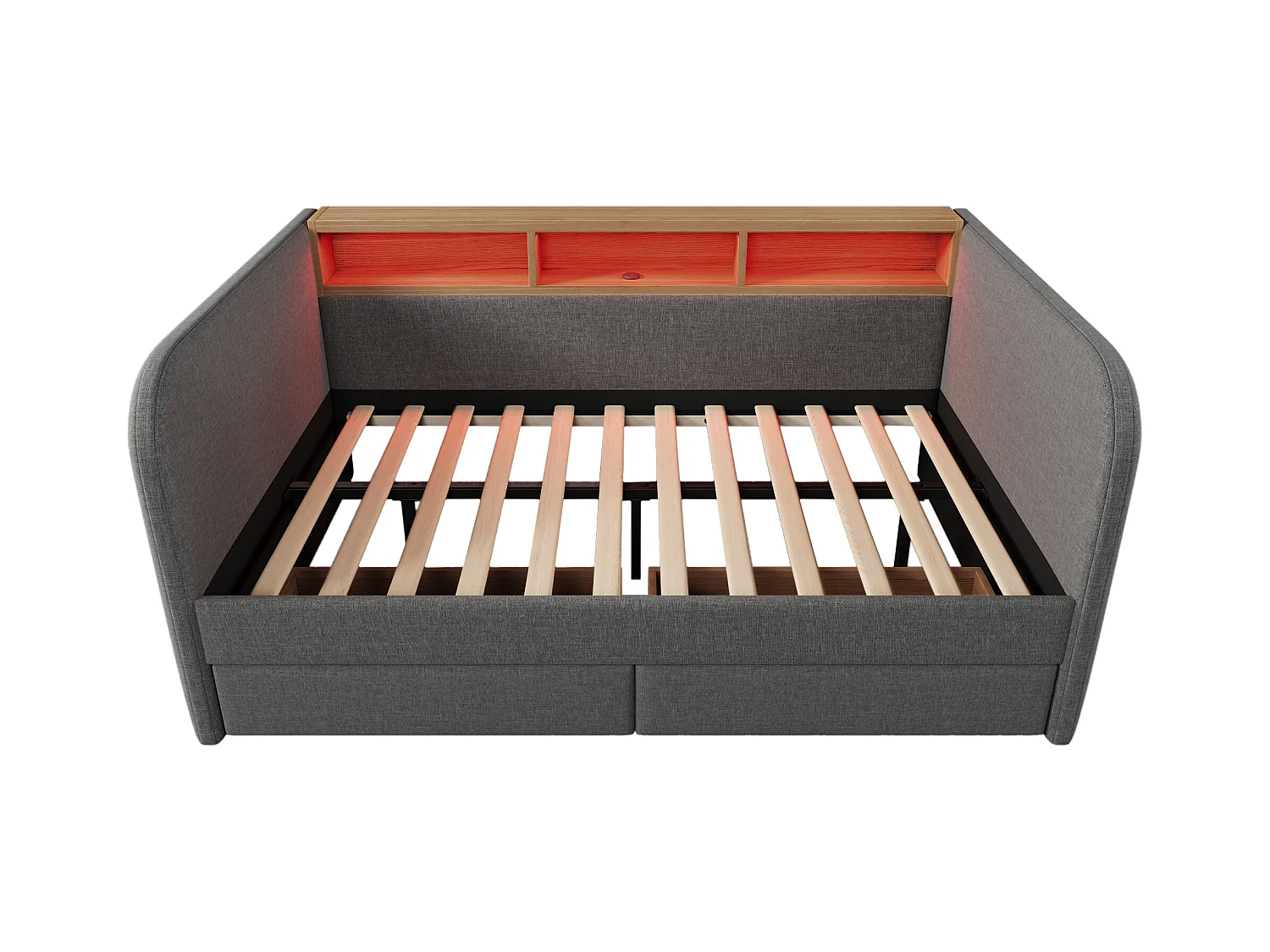 Lit banquette adulte 140x190 cm avec sommier - tête de lit capitonnée avec USB et LED 2 tiroirs - lin gris (sans matelas )