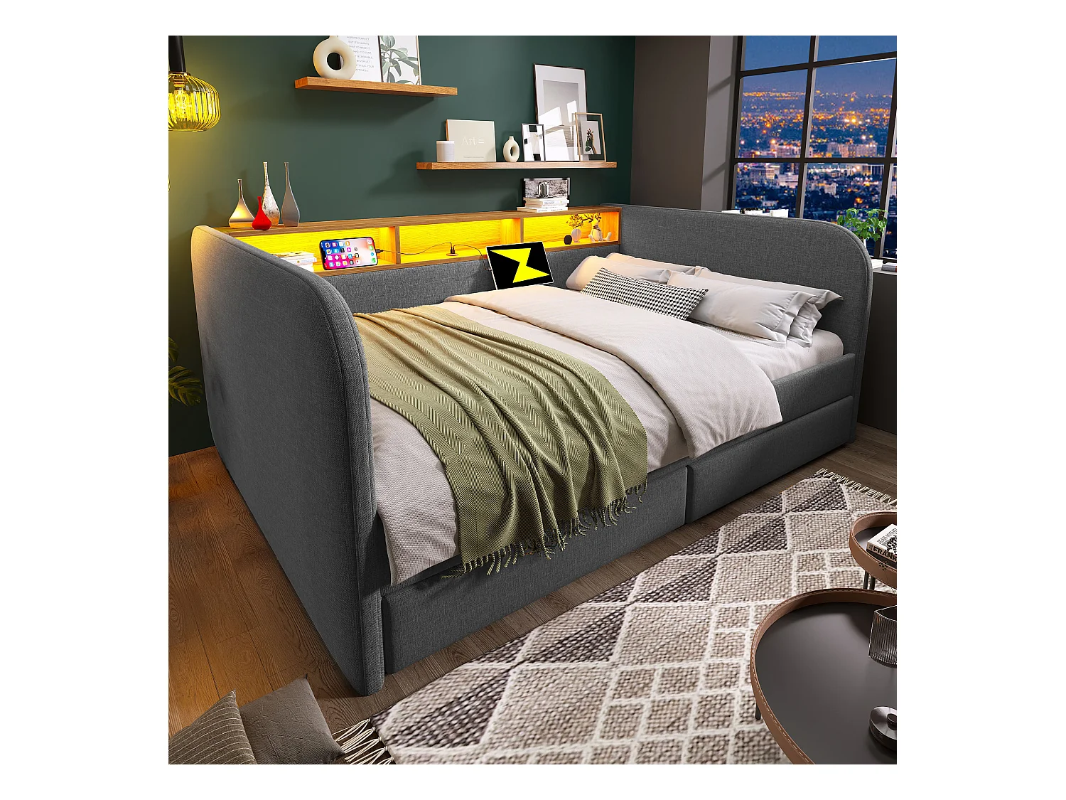 Lit banquette adulte 140x190 cm avec sommier - tête de lit capitonnée avec USB et LED 2 tiroirs - lin gris (sans matelas )