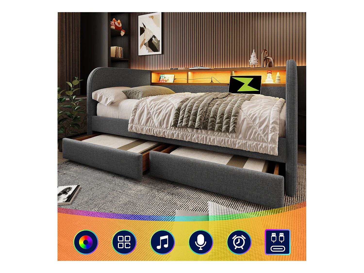 Lit banquette adulte 140x190 cm avec sommier - tête de lit capitonnée avec USB et LED 2 tiroirs - lin gris (sans matelas )
