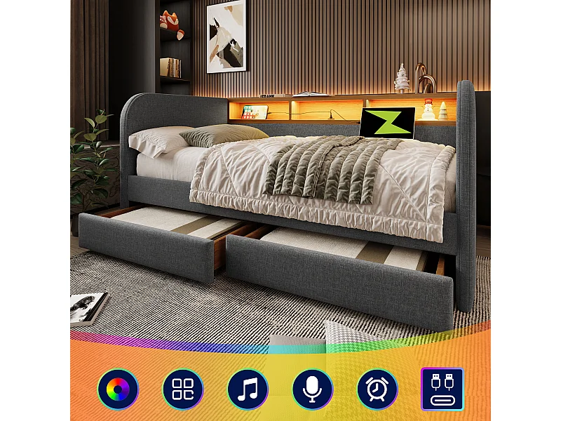 Canapé-lit 140x190 cm avec sommier - tête de lit capitonnée avec USB et LED 2 tiroirs - lin gris (sans matelas )
