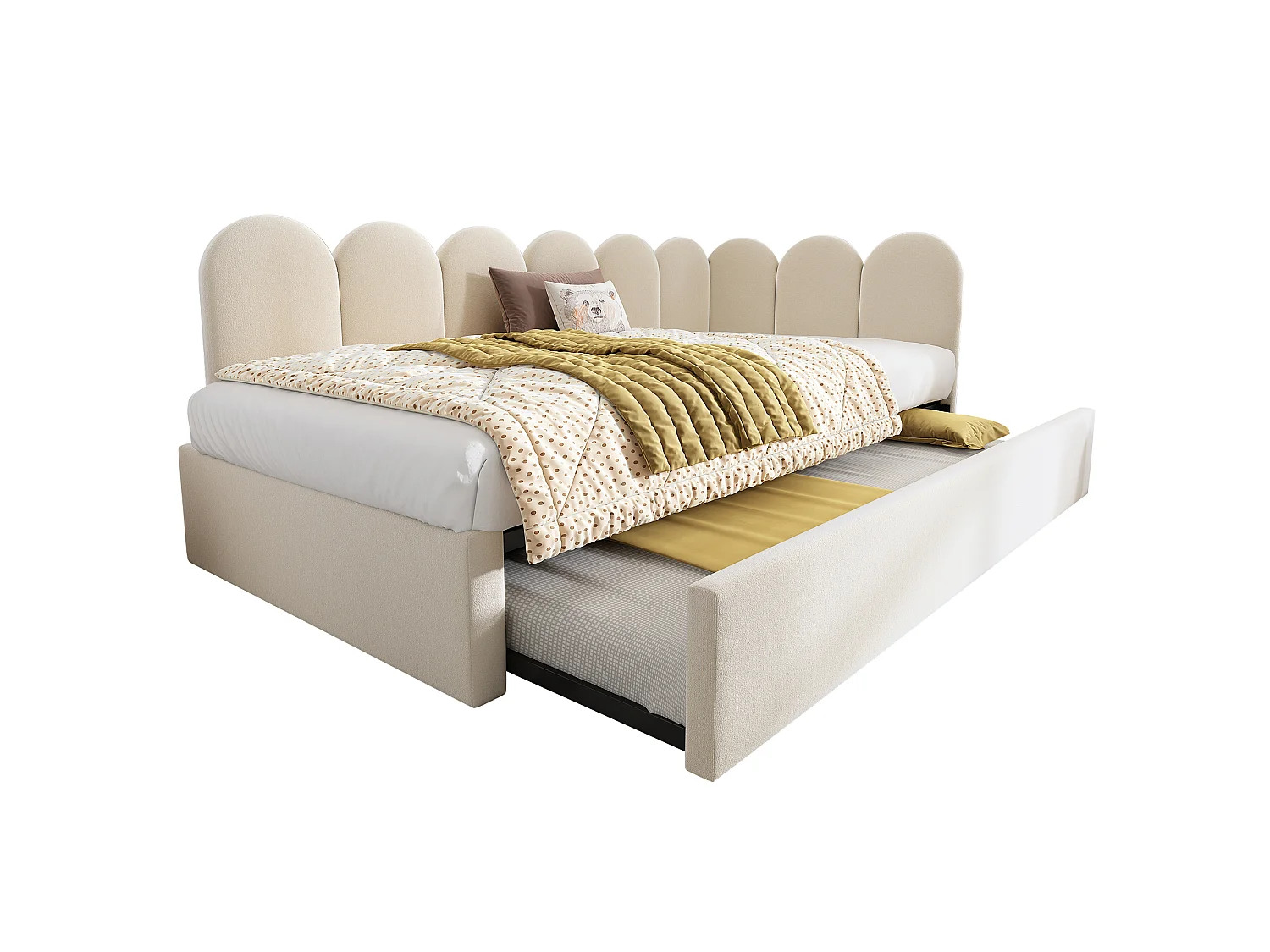 Cama de dia infantil 90x200 cm com estrado de ripas - cama de rodízio com estrutura de metal - veludo bege (sem colchão)