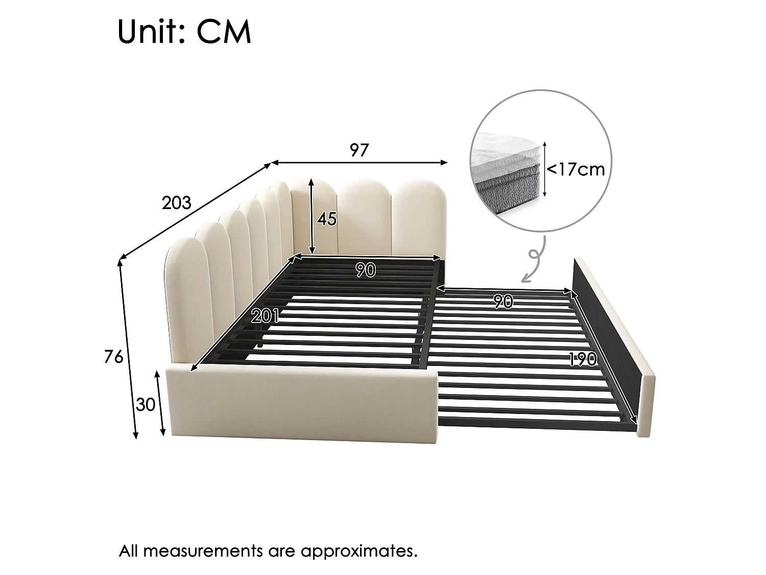 Cama de dia infantil 90x200 cm com estrado de ripas - cama de rodízio com estrutura de metal - veludo bege (sem colchão)
