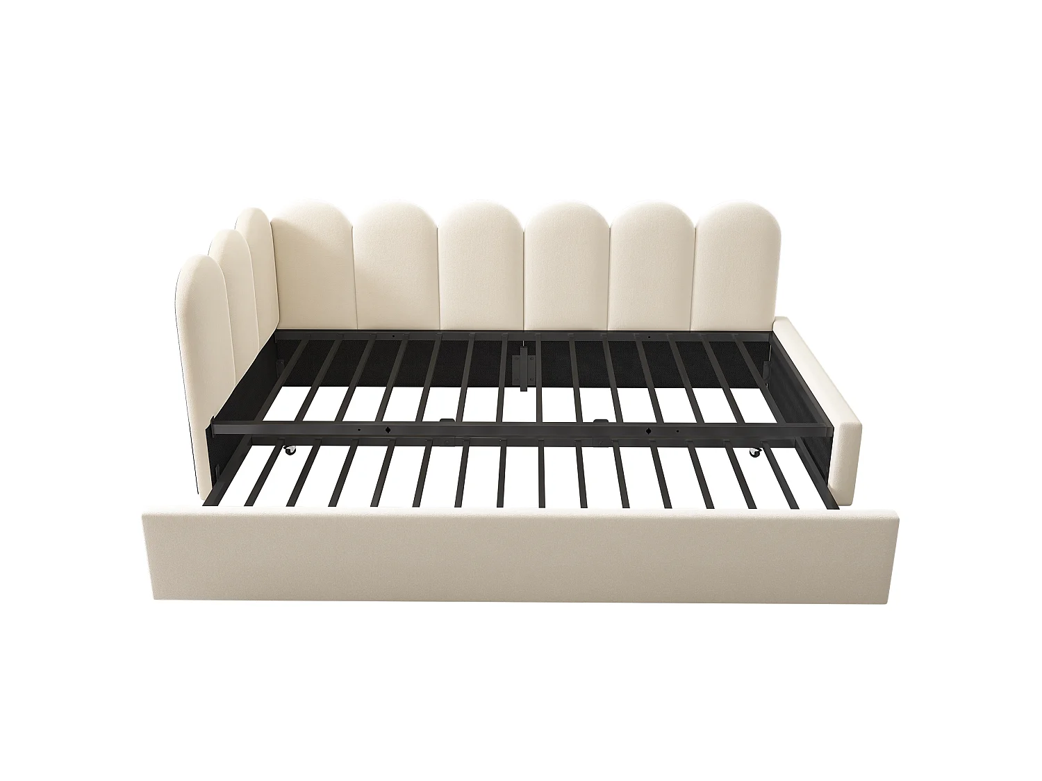 Cama de dia infantil 90x200 cm com estrado de ripas - cama de rodízio com estrutura de metal - veludo bege (sem colchão)