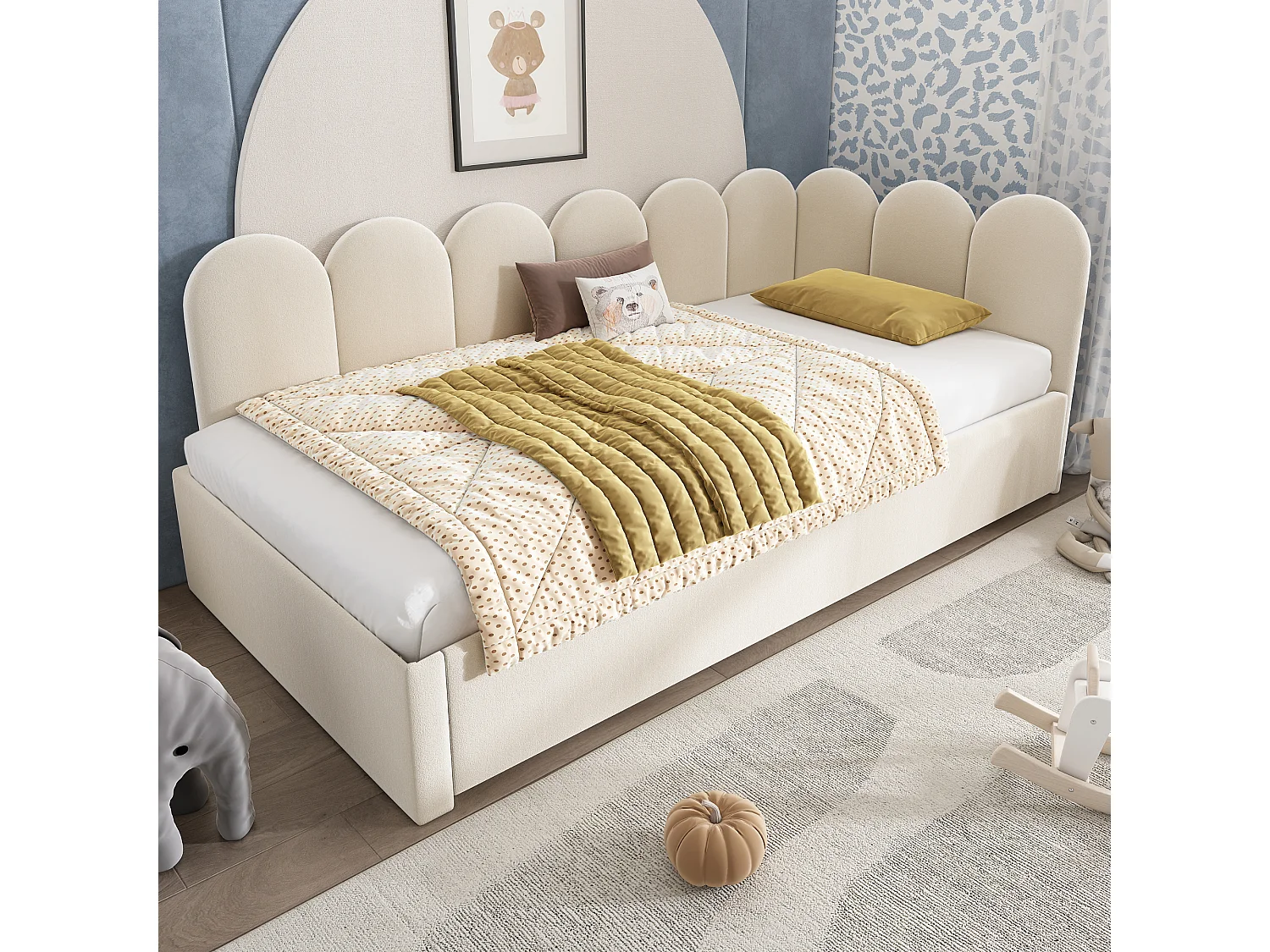 Cama de dia infantil 90x200 cm com estrado de ripas - cama de rodízio com estrutura de metal - veludo bege (sem colchão)