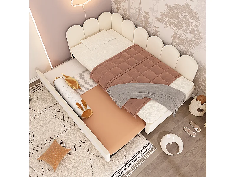 Kinderbed 90x200 cm met lattenbodem - uitschuifbed met metalen bedframe - beige fluweel (zonder matras)