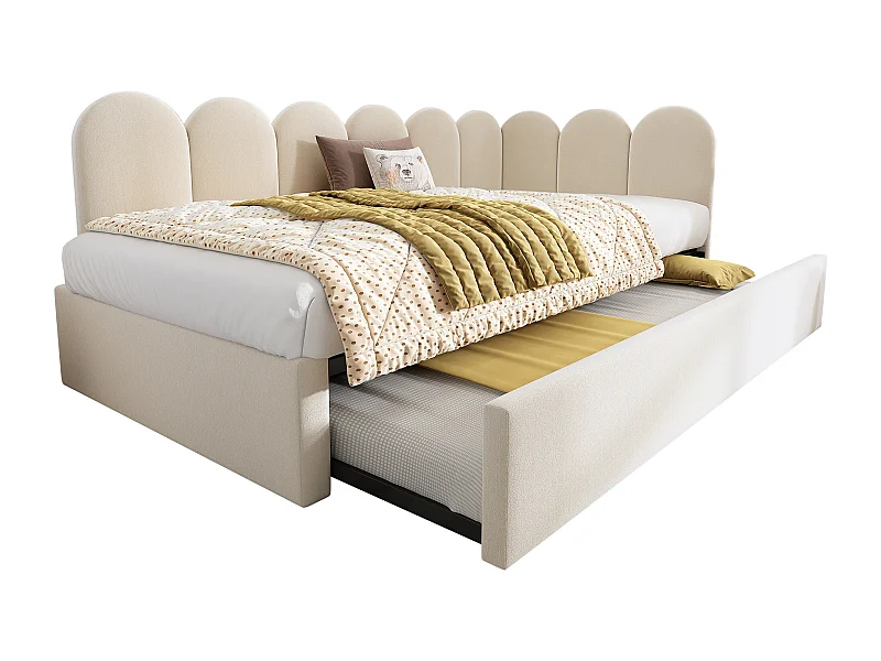 Cama nido infantil de 90x200 cm con somier de láminas y estructura metálica de terciopelo beige (sin colchón)