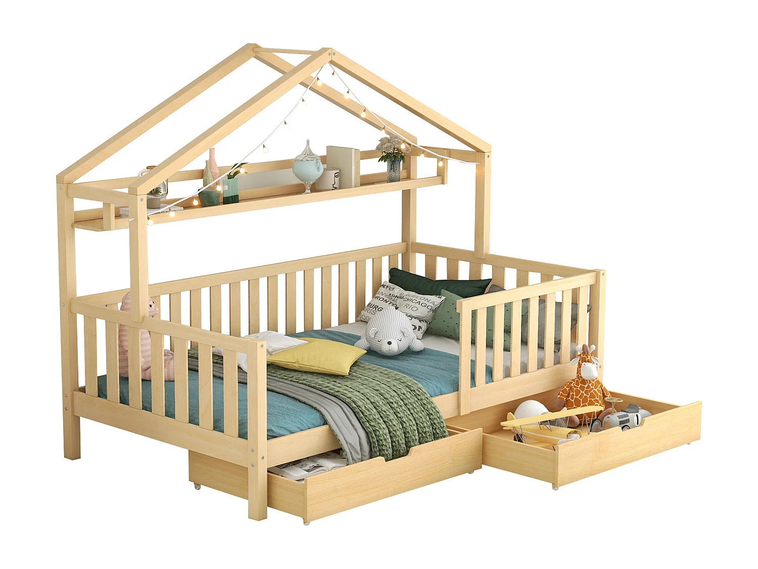 Lit enfant 90x200 cm avec 2 tiroirs de rangement barrière, en bois, coloris naturel (Sans matelas)