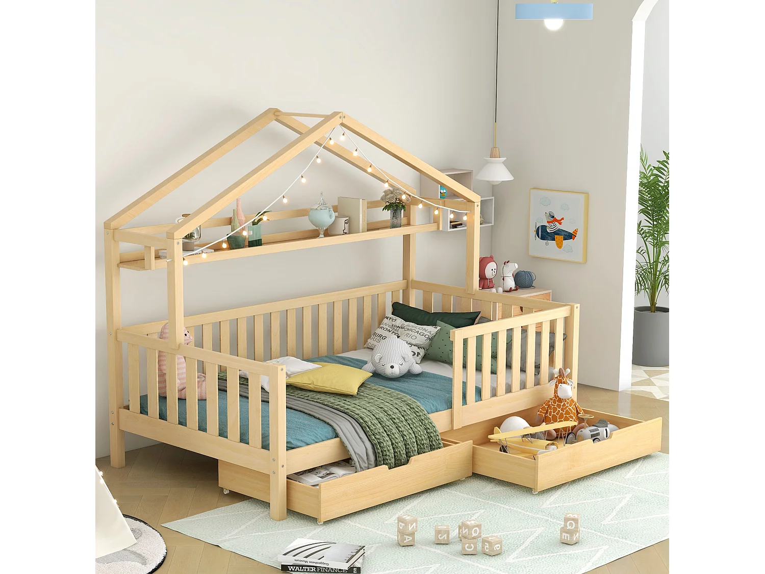 Lit enfant 90x200 cm avec 2 tiroirs de rangement barrière, en bois, coloris naturel (Sans matelas)