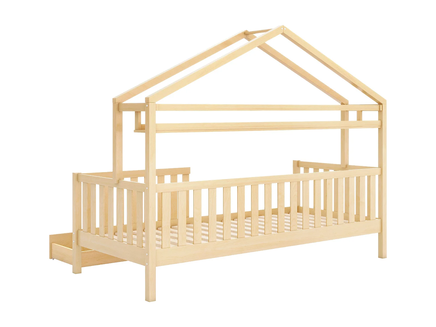 Lit enfant 90x200 cm avec 2 tiroirs de rangement barrière, en bois, coloris naturel (Sans matelas)