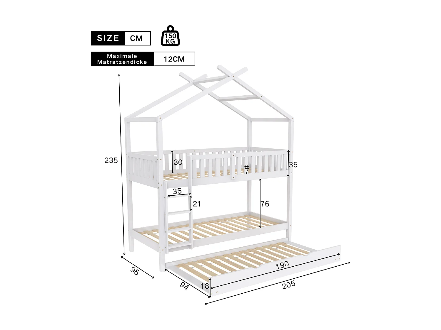 Lit enfant 90x200cm avec sommier - lit cabane avec protection anti-chute et lit gigogne - bois - blanc (sans matelas)