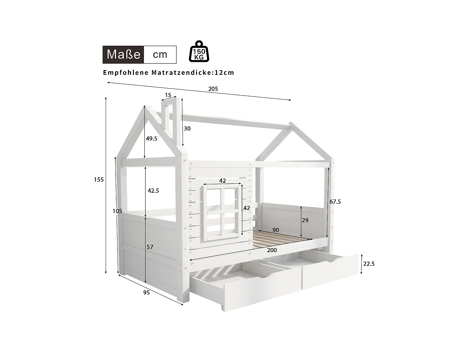 Lit cabane 90x200 cm avec sommier - protection anti-chute 2 tiroirs de rangement - bois - blanc (sans matelas)