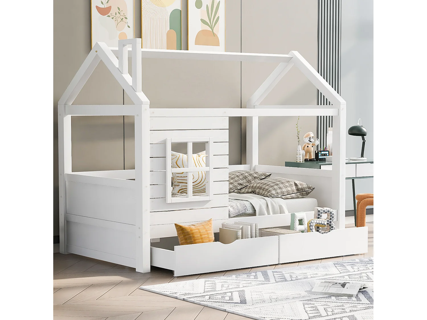 Lit cabane 90x200 cm avec sommier - protection anti-chute 2 tiroirs de rangement - bois - blanc (sans matelas)