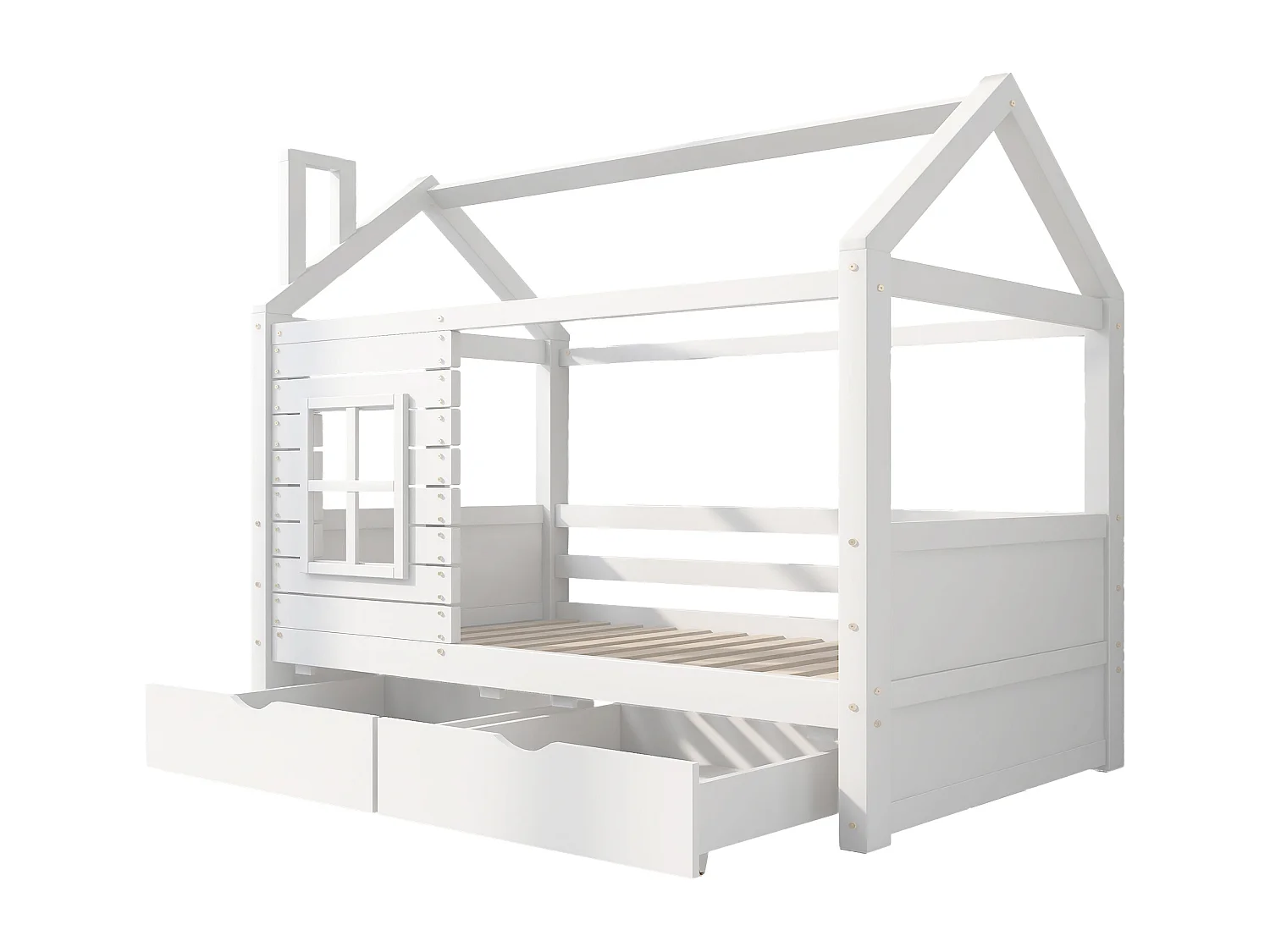 Lit cabane 90x200 cm avec sommier - protection anti-chute 2 tiroirs de rangement - bois - blanc (sans matelas)