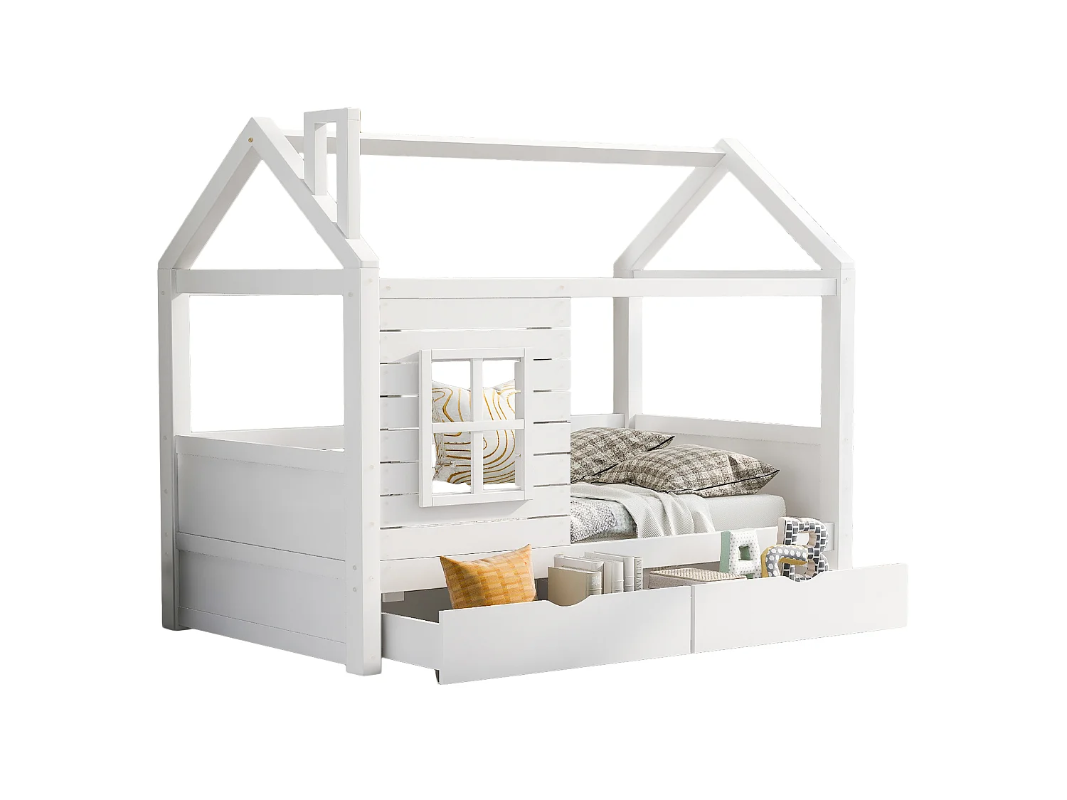 Lit enfants 90x200 cm avec tiroirs de rangement fenêtre et sommier à lattes, pin, blanc (Sans matelas)