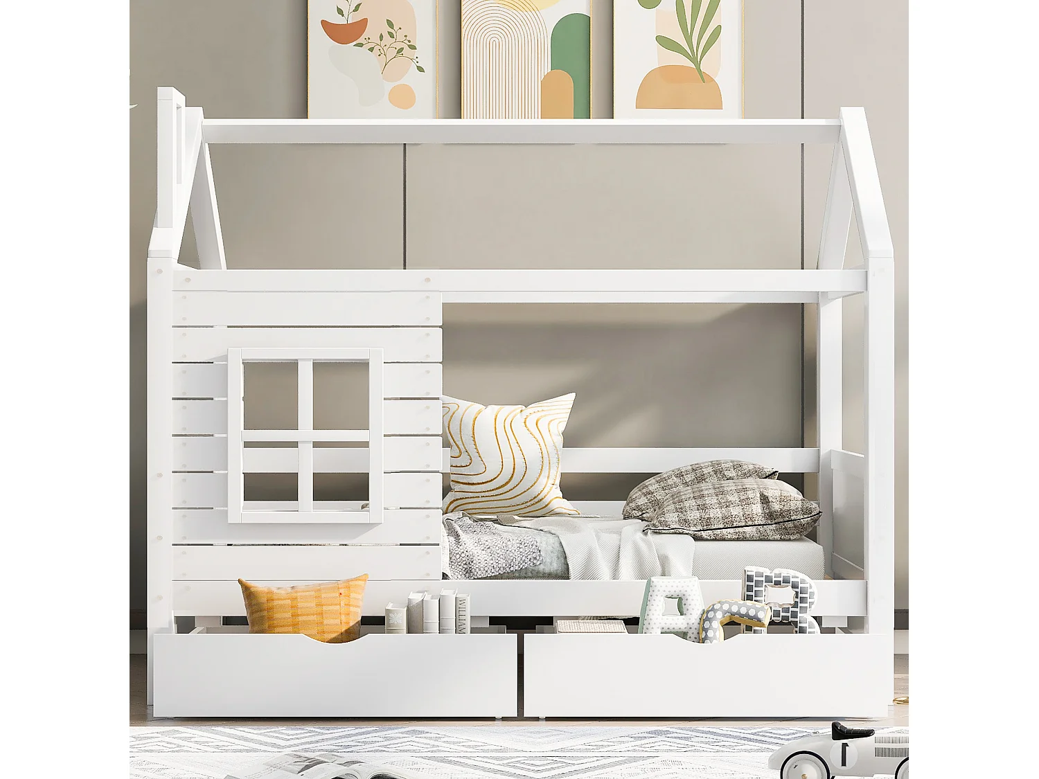 Lit enfants 90x200 cm avec tiroirs de rangement fenêtre et sommier à lattes, pin, blanc (Sans matelas)