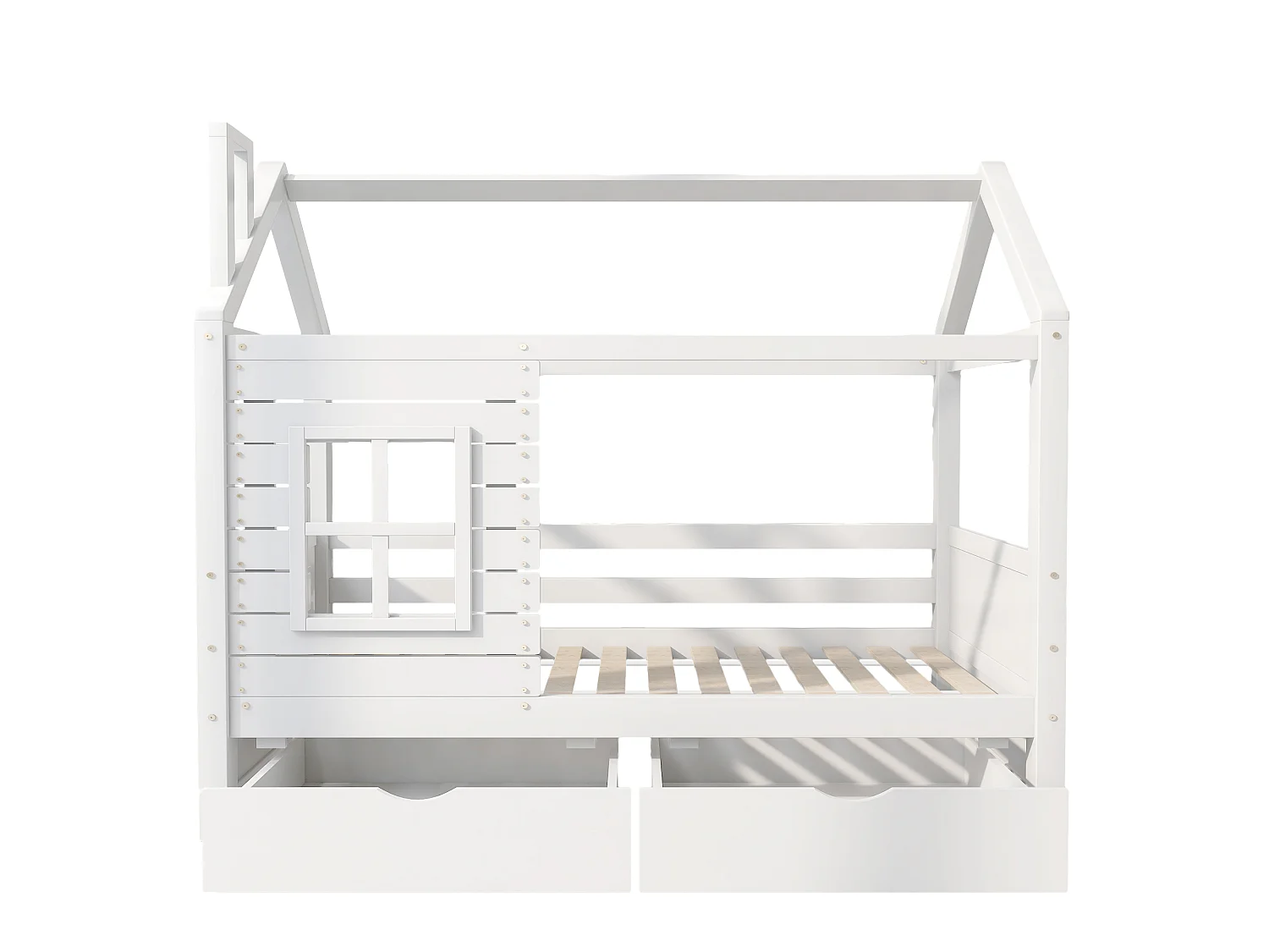 Lit enfants 90x200 cm avec tiroirs de rangement fenêtre et sommier à lattes, pin, blanc (Sans matelas)