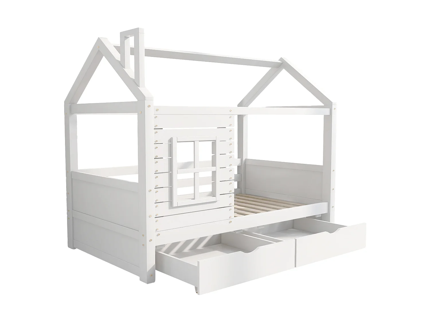 Lit enfants 90x200 cm avec tiroirs de rangement fenêtre et sommier à lattes, pin, blanc (Sans matelas)