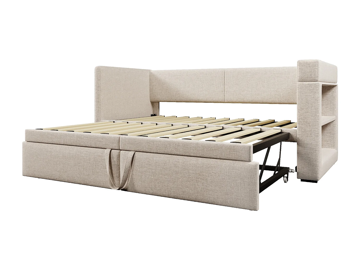 Divano letto per bambini 90x200 cm con rete a doghe - letto estraibile con USB e portabicchieri - lino - beige (senza materasso)