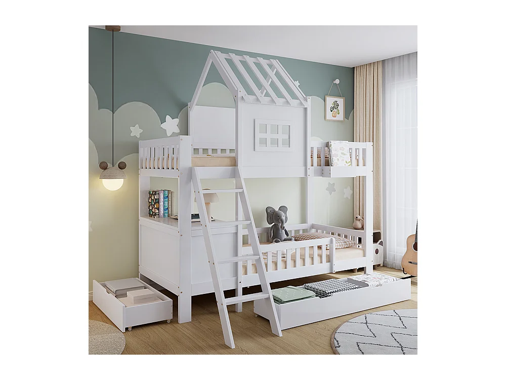 Lit superposé pour enfants 90 x 200 cm, avec toit, fenêtre, table de lecture et panier de rangement, blanc