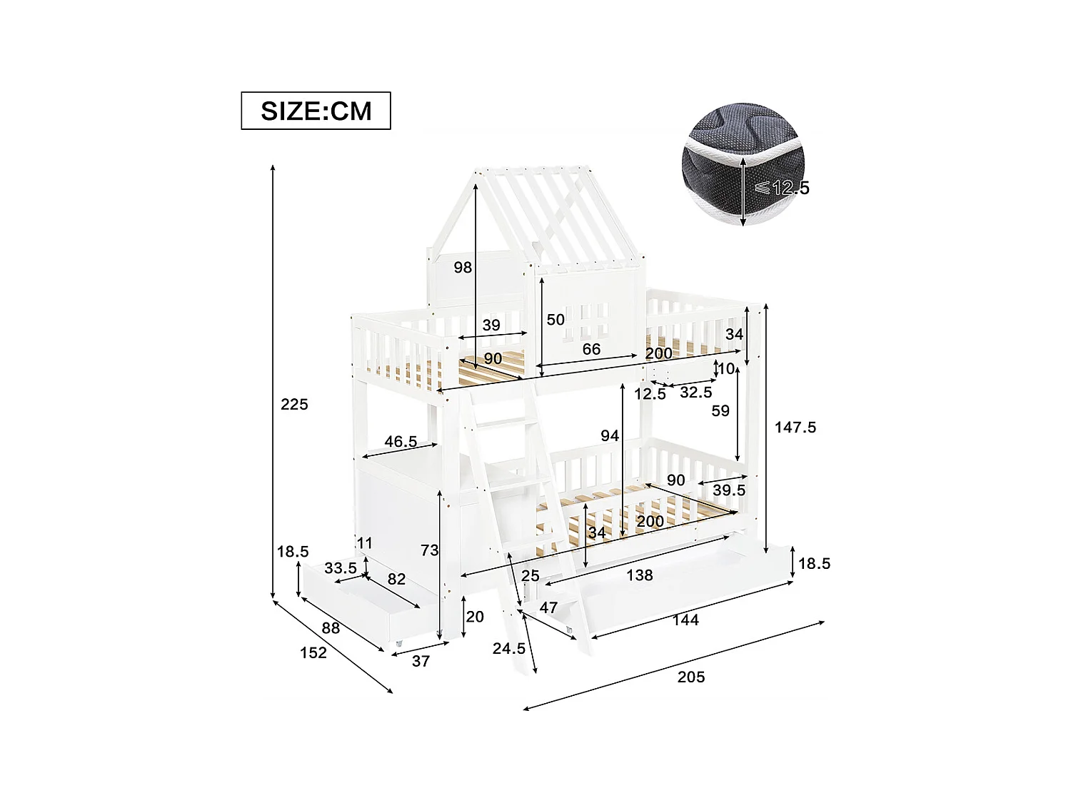 Lit superposé pour enfants 90 x 200 cm, avec toit, fenêtre, table de lecture et panier de rangement, blanc