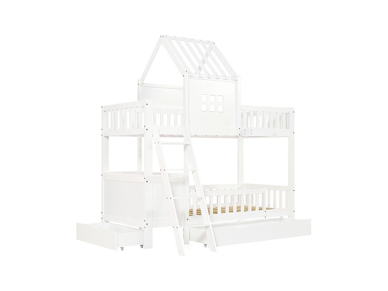 Lit superposé pour enfants 90 x 200 cm, avec toit, fenêtre, table de lecture et panier de rangement, blanc