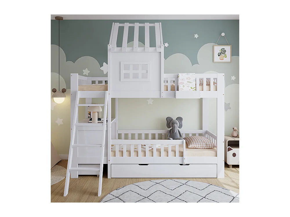 Etagenbett für Kinder 90 x 200 cm, mit Dach, Fenster, Lesetisch und Aufbewahrungskorb, weiß