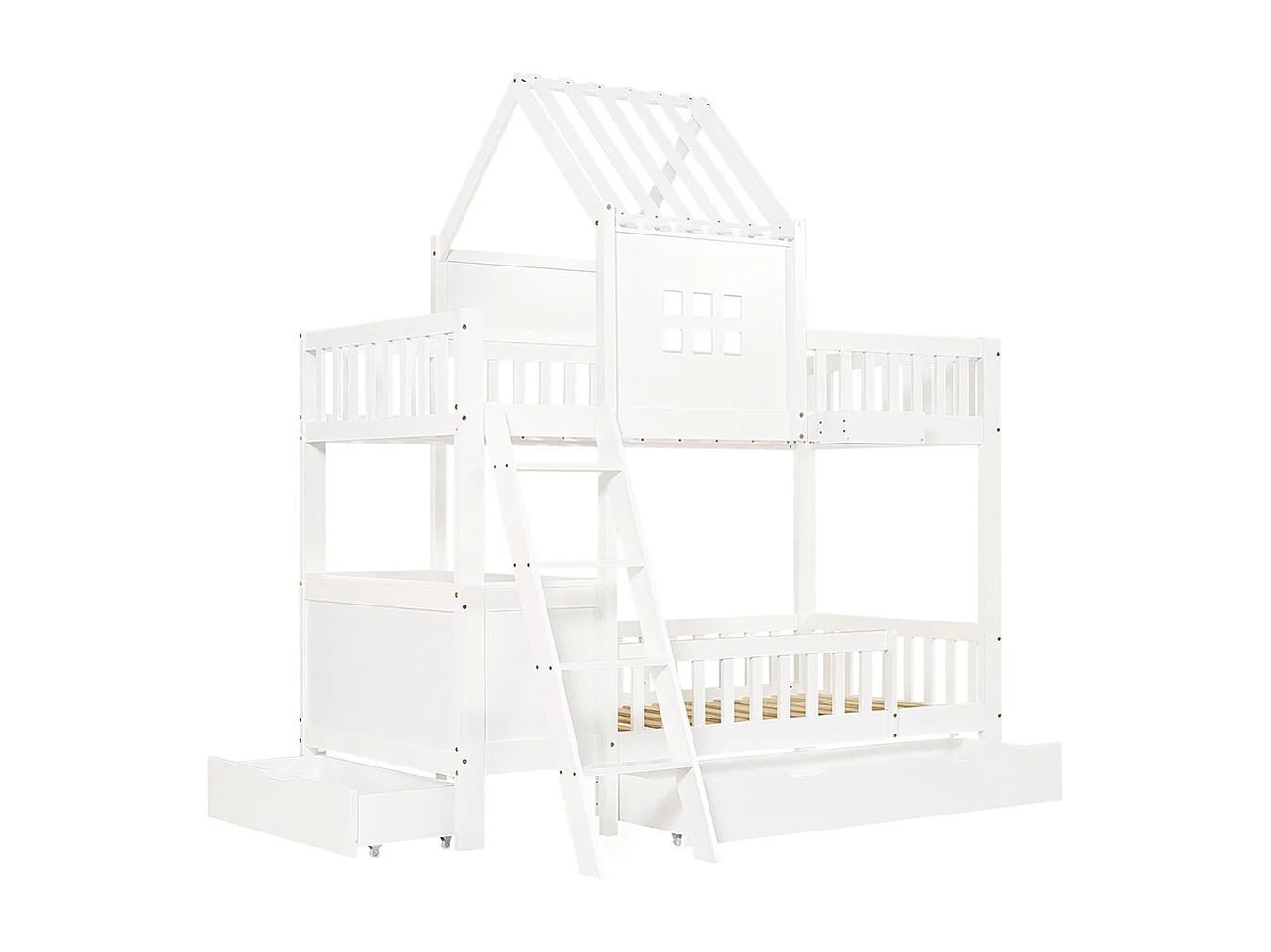 Lit superposé pour enfants 90 x 200 cm, avec toit, fenêtre, table de lecture et panier de rangement, blanc