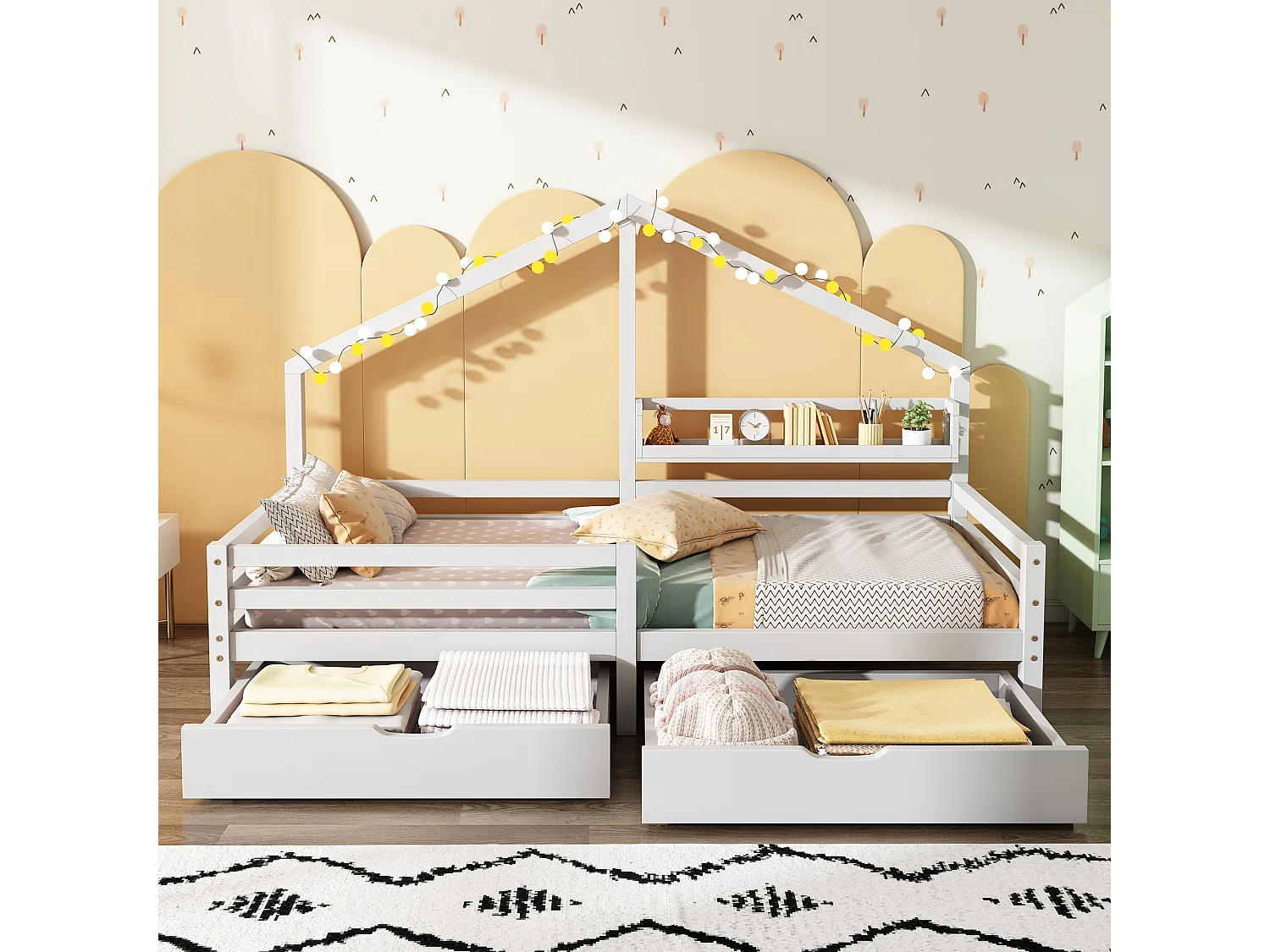 Lit cabane 90x200 cm avec sommier - protection anti-chute 2 tiroirs et étagère de rangement - bois - blanc (sans matelas)