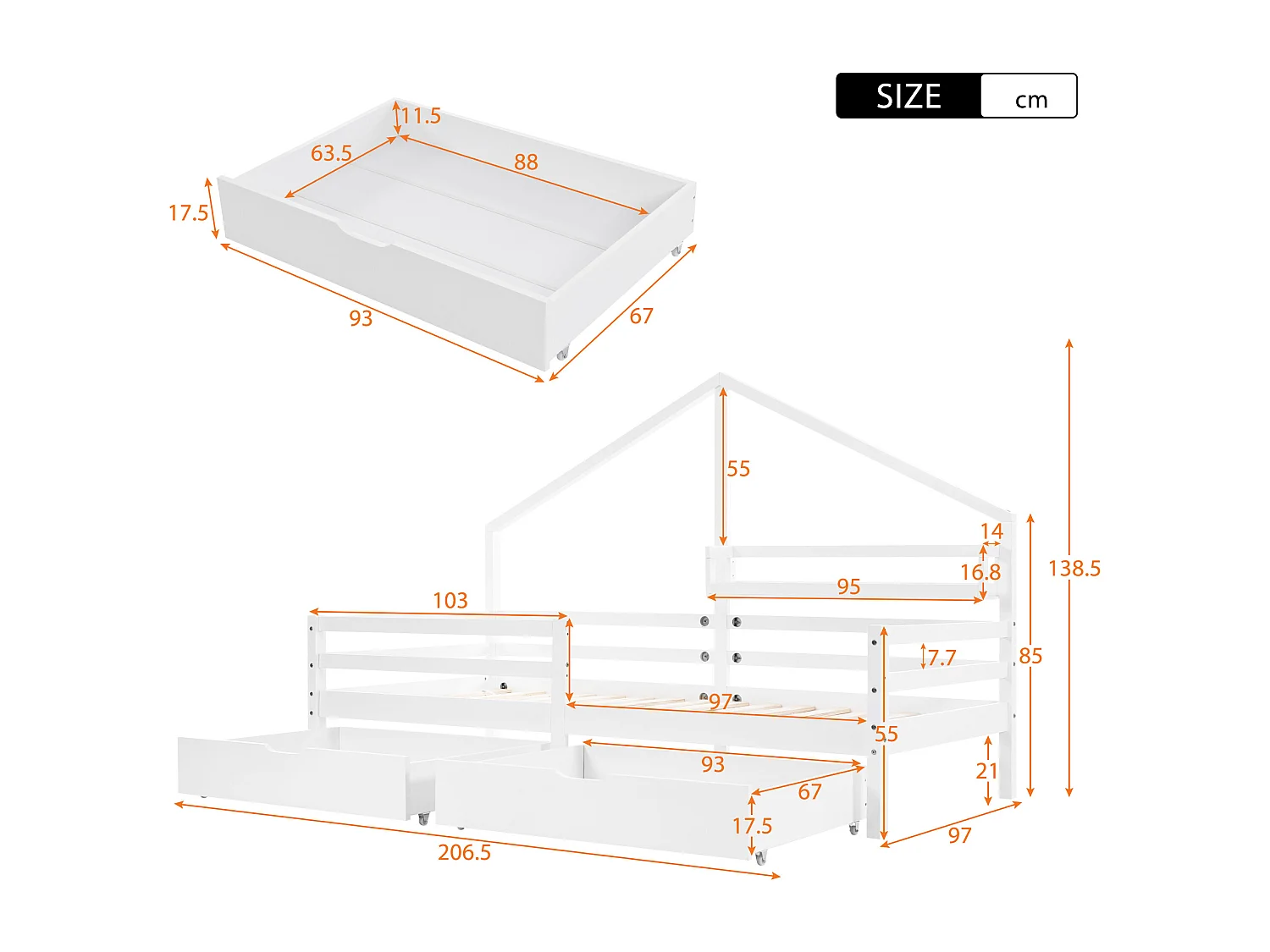 Lit cabane 90x200 cm avec étagère et 2 tiroirs de rangement, bois, blanc (Sans matelas)