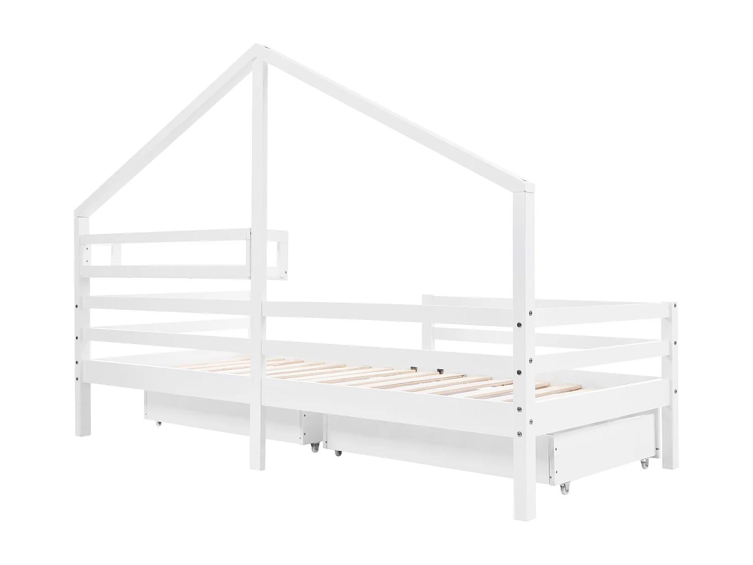 Lit cabane 90x200 cm avec étagère et 2 tiroirs de rangement, bois, blanc (Sans matelas)