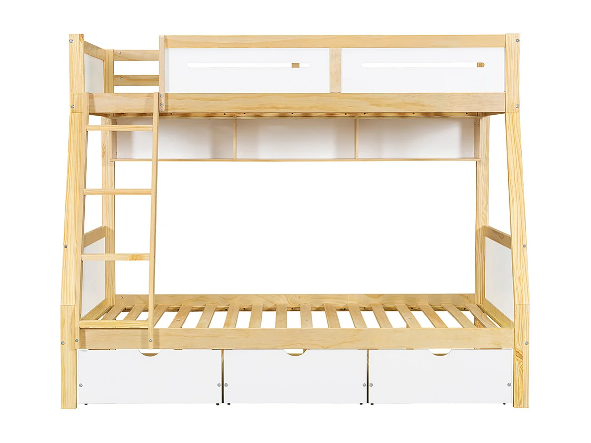 Lit superposé 90 x 200 cm et 120 x 200 cm, avec tiroirs, étagère à livres, barrières et échelle, blanc + couleur naturelle
