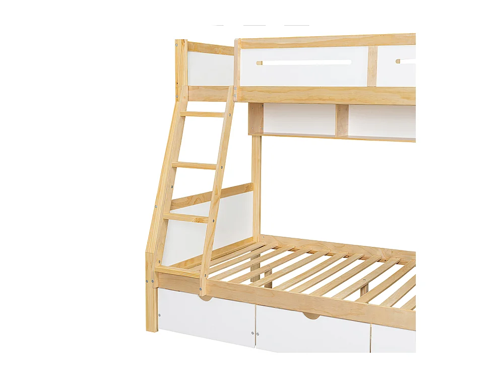 Lit superposé 90 x 200 cm et 120 x 200 cm, avec tiroirs, étagère à livres, barrières et échelle, blanc + couleur naturelle