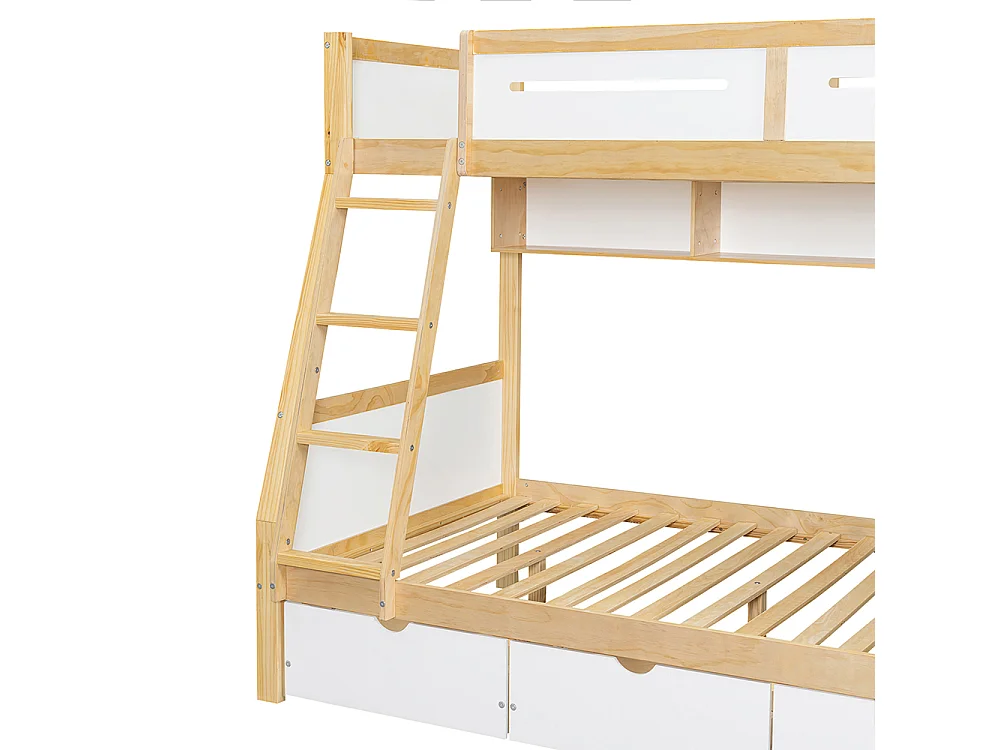 Lit superposé 90 x 200 cm et 120 x 200 cm, avec tiroirs, étagère à livres, barrières et échelle, blanc + couleur naturelle