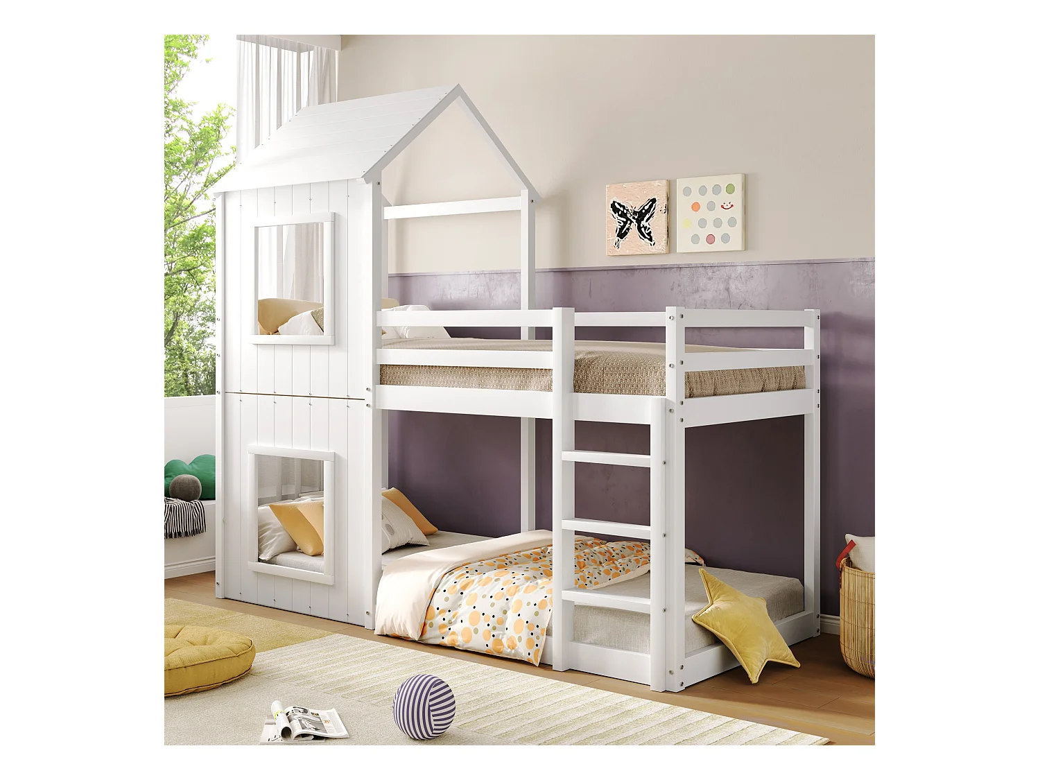 Lit superposé 90x200cm avec sommier - lit cabane avec protection anti-chute et baldaquin - bois - blanc (sans matelas)