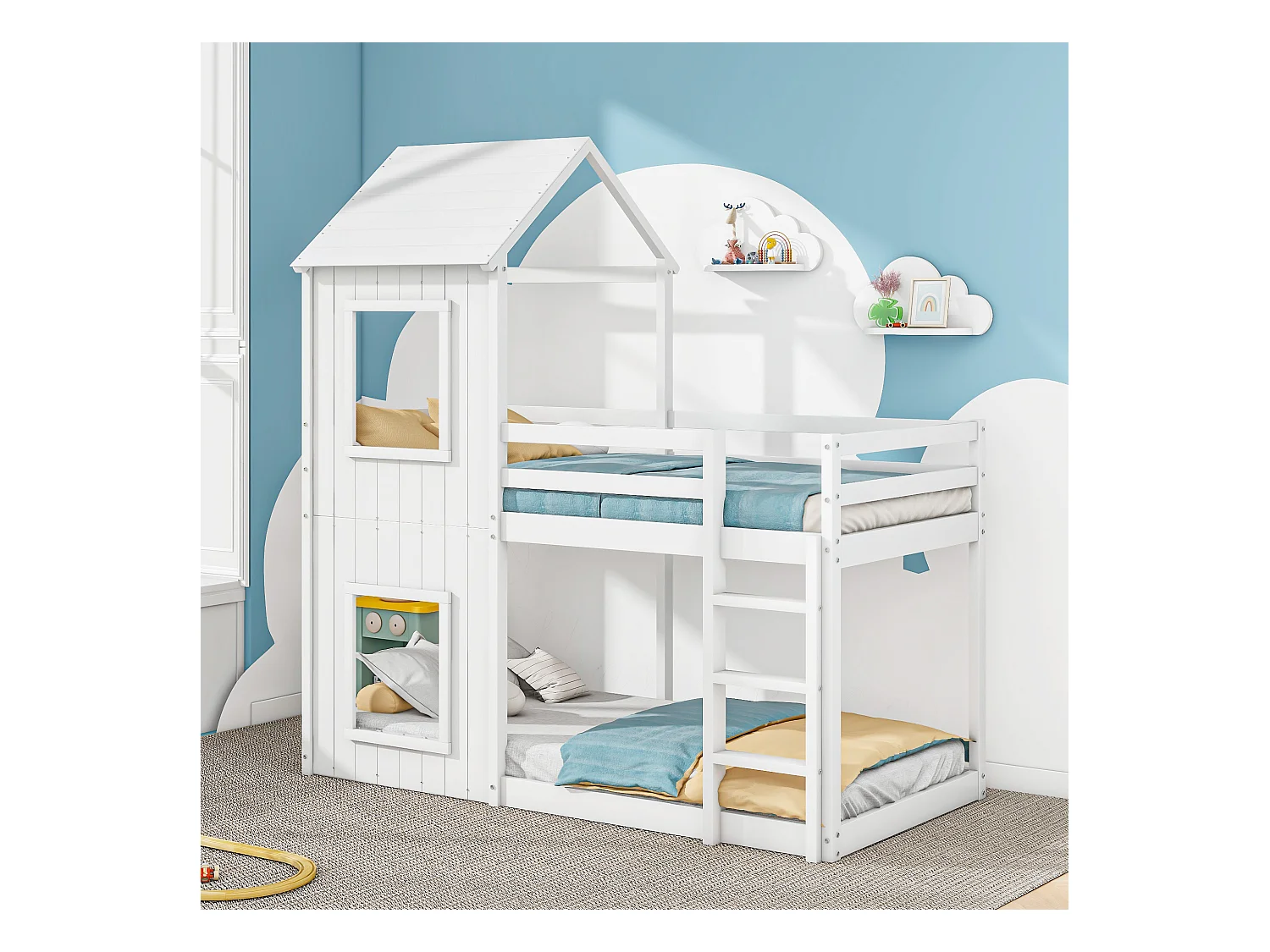 Lit superposé 90x200cm avec sommier - lit cabane avec protection anti-chute et baldaquin - bois - blanc (sans matelas)