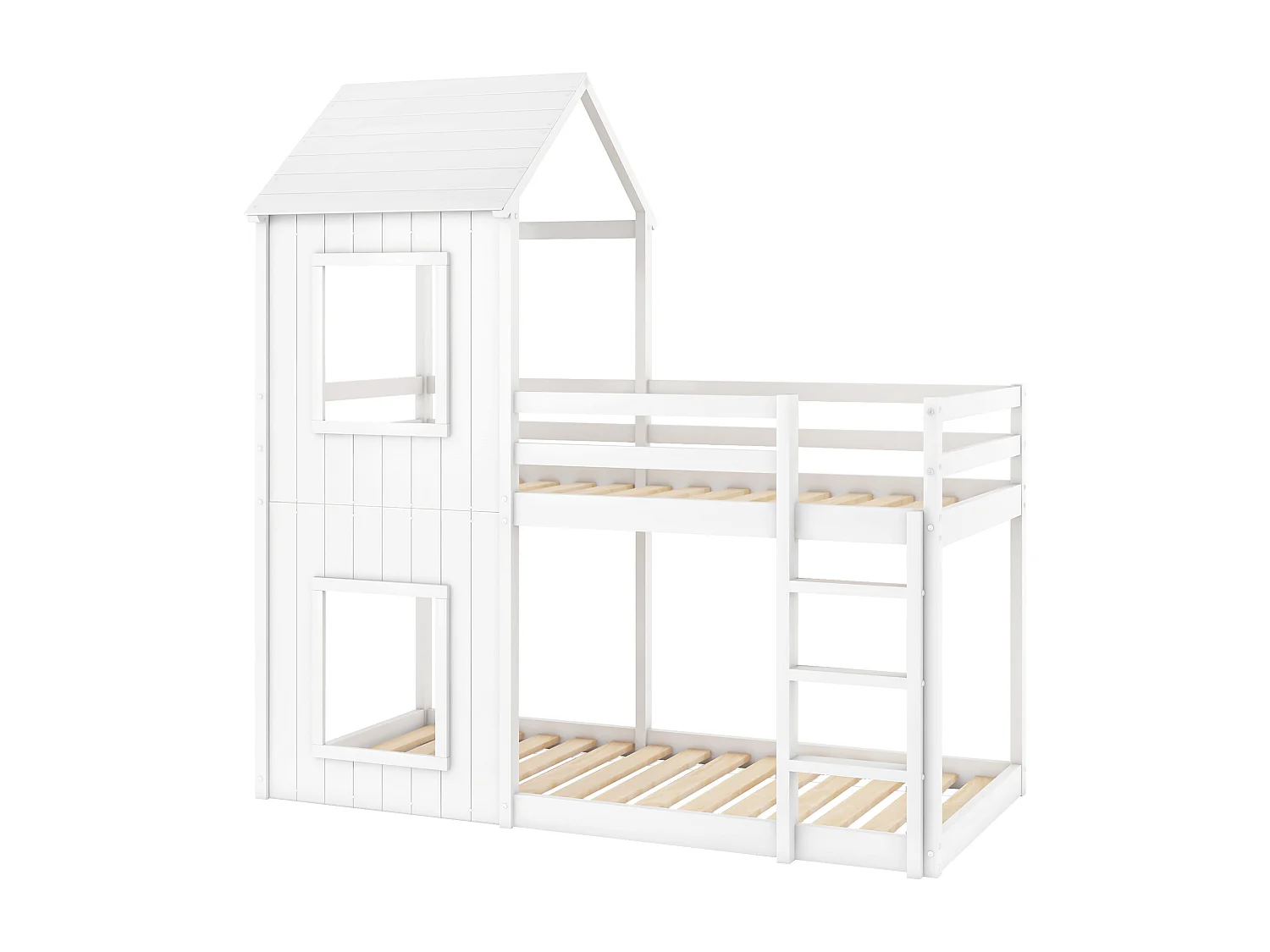 Lit superposé 90x200cm avec sommier - lit cabane avec protection anti-chute et baldaquin - bois - blanc (sans matelas)