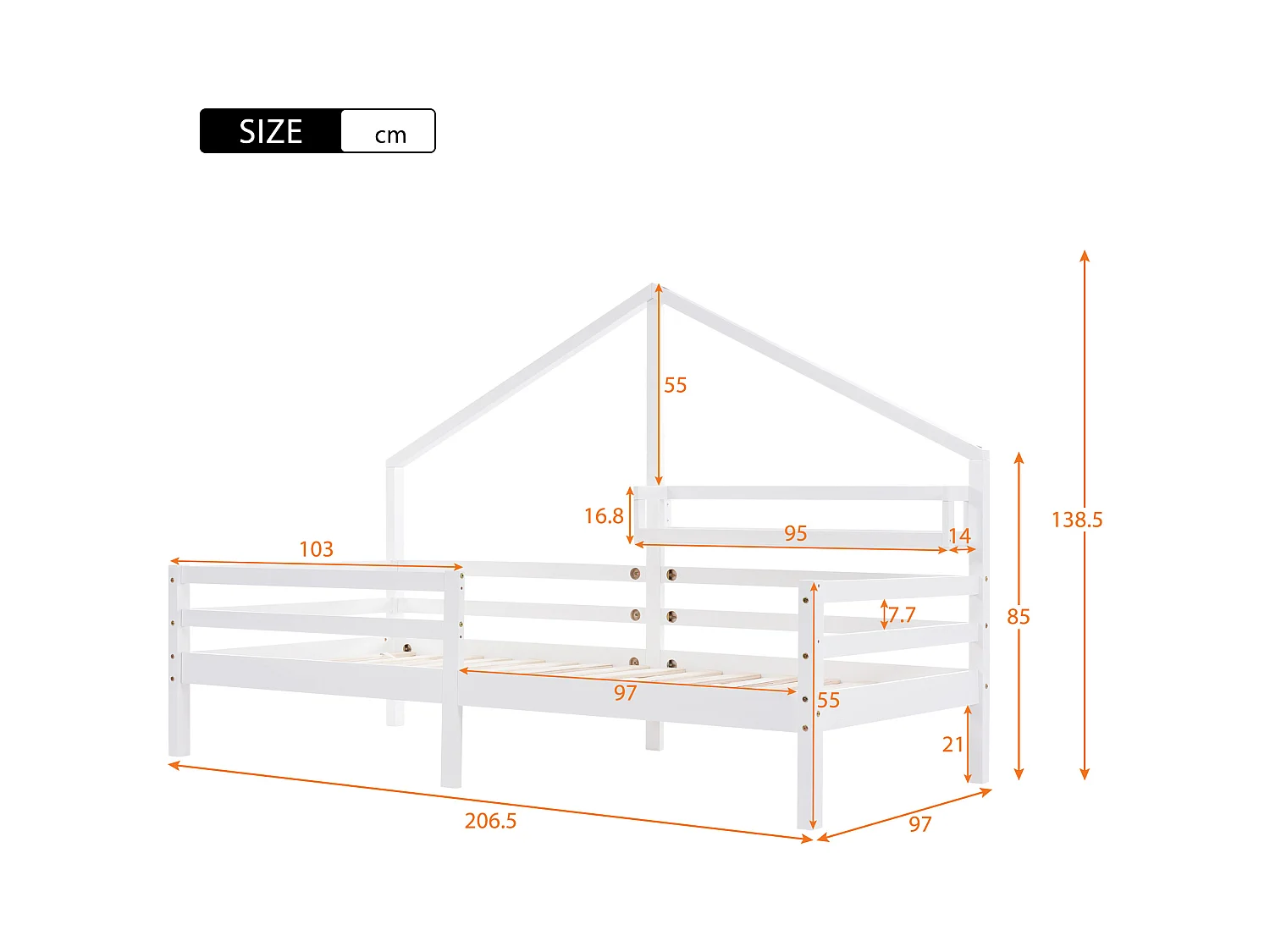 Lit cabane enfant 90x200 cm avec sommier - protection anti-chute et étagère de rangement - bois - blanc (sans matelas)