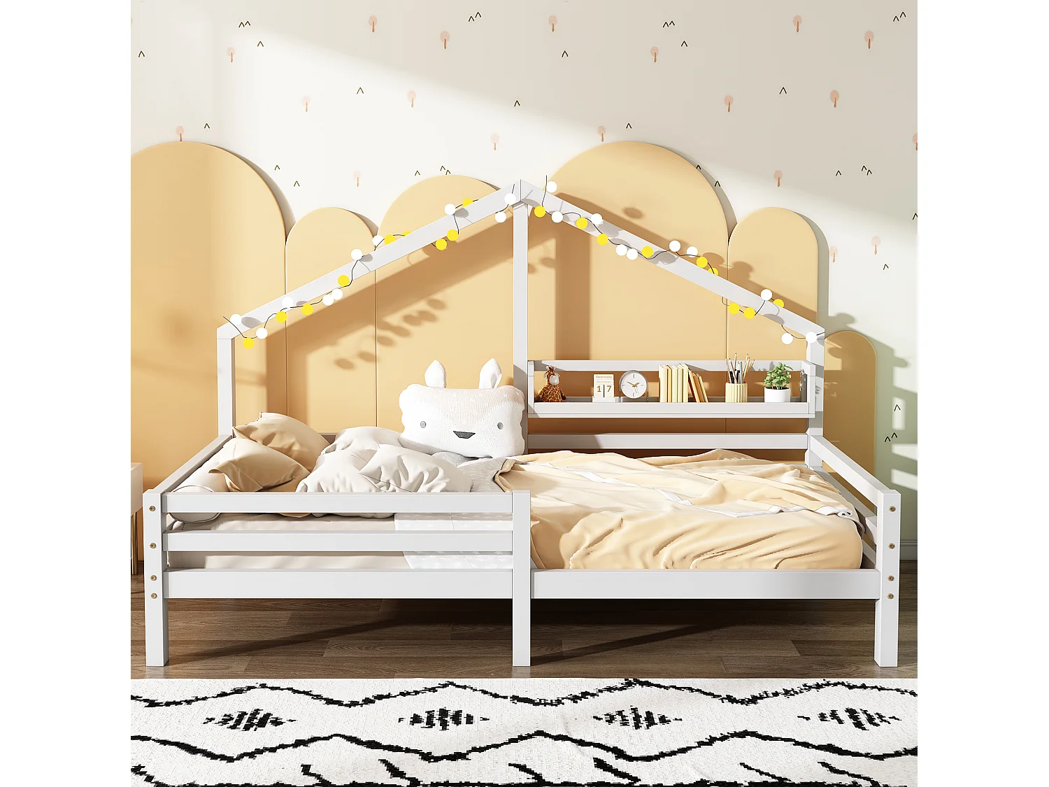 Kinderbed 90x200 cm met lattenbodem - valbeveiliging en opbergplank - hout - wit (zonder matras)